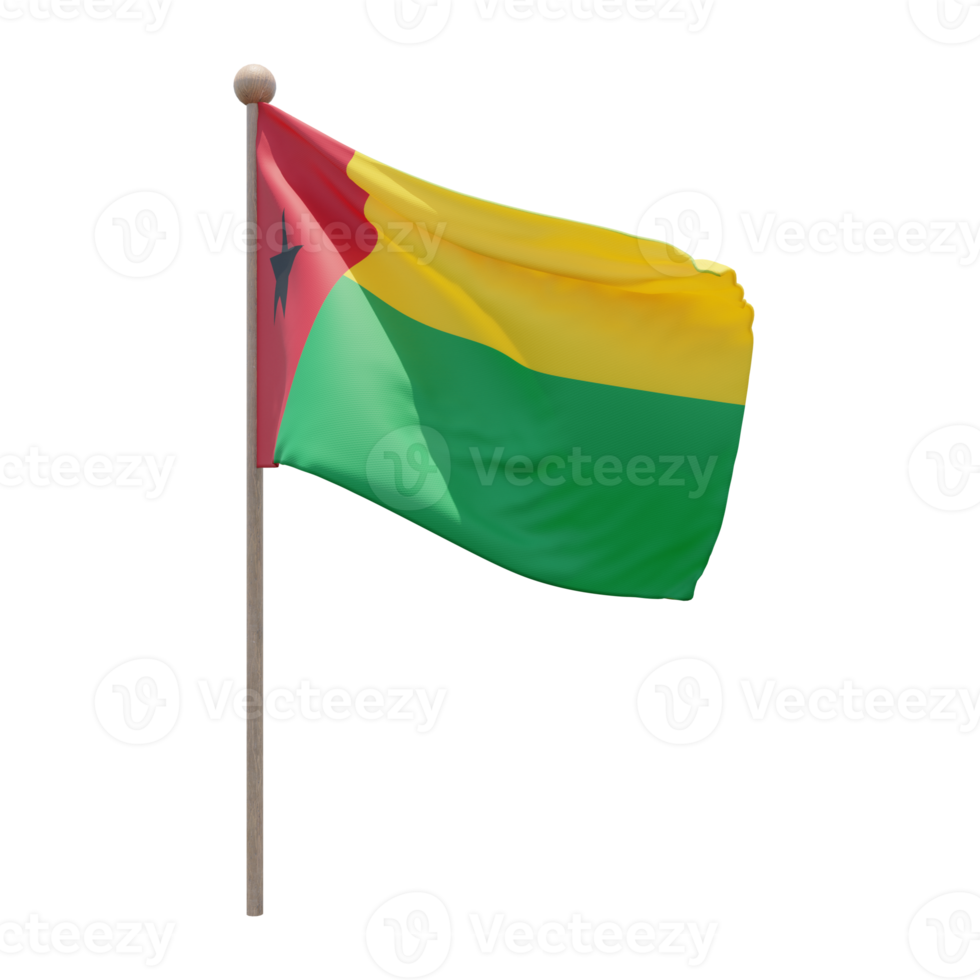 Guinea Bissau 3d illustration flag on pole. Wood flagpole png