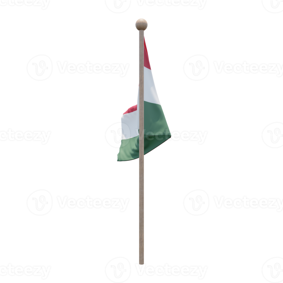 Hungary 3d illustration flag on pole. Wood flagpole png