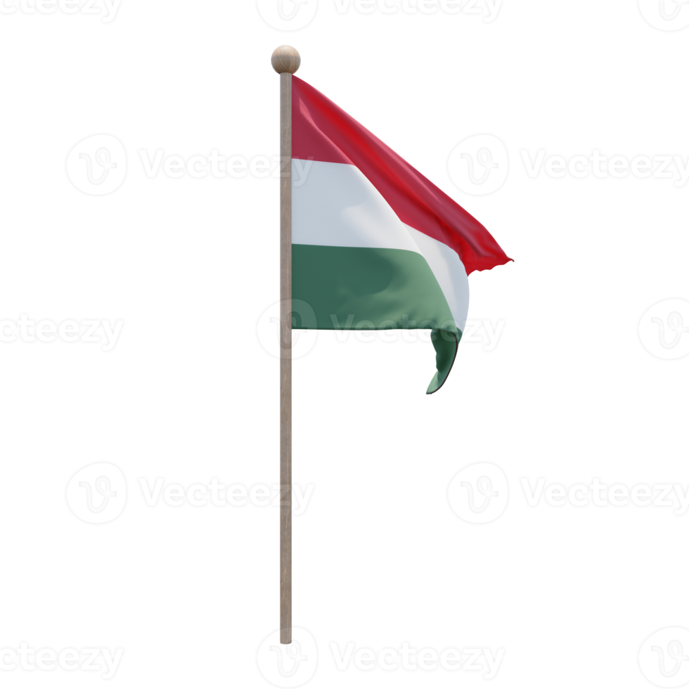 Hungary 3d illustration flag on pole. Wood flagpole png