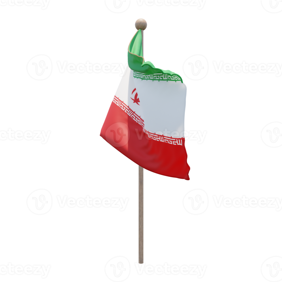 Iran 3d illustration flag on pole. Wood flagpole png