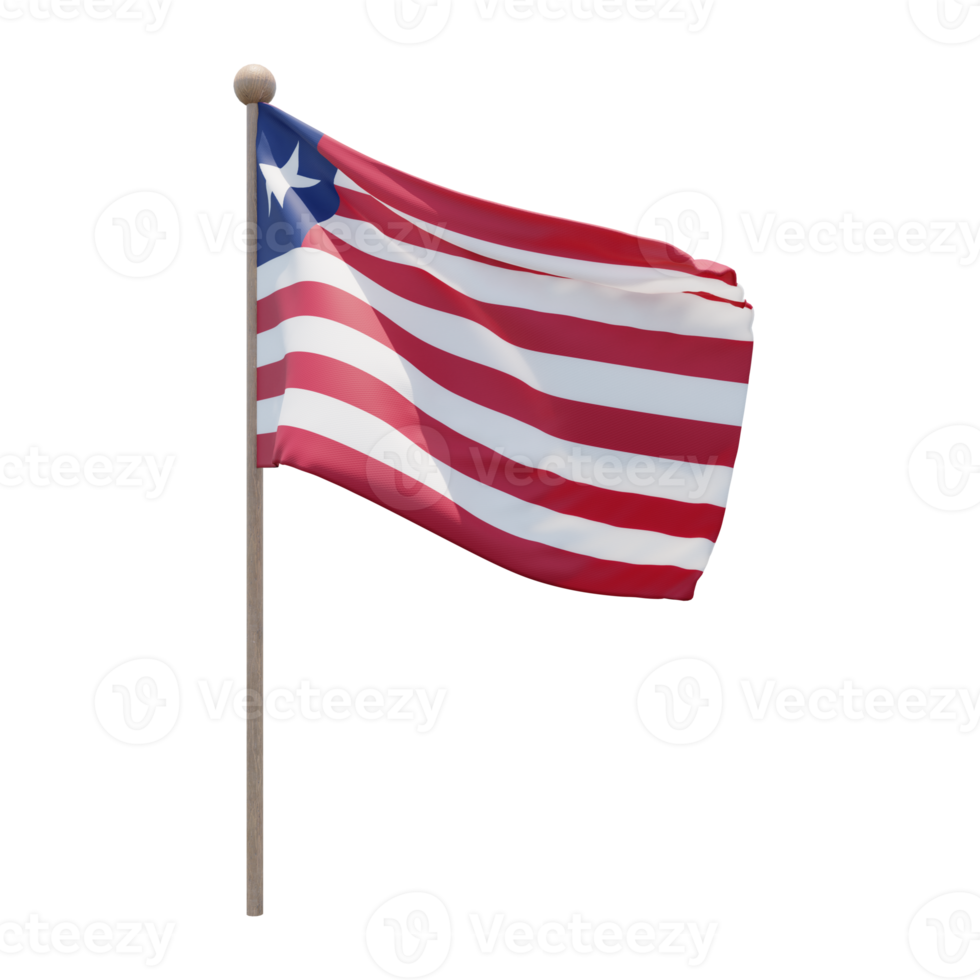 Liberia 3d illustration flag on pole. Wood flagpole png