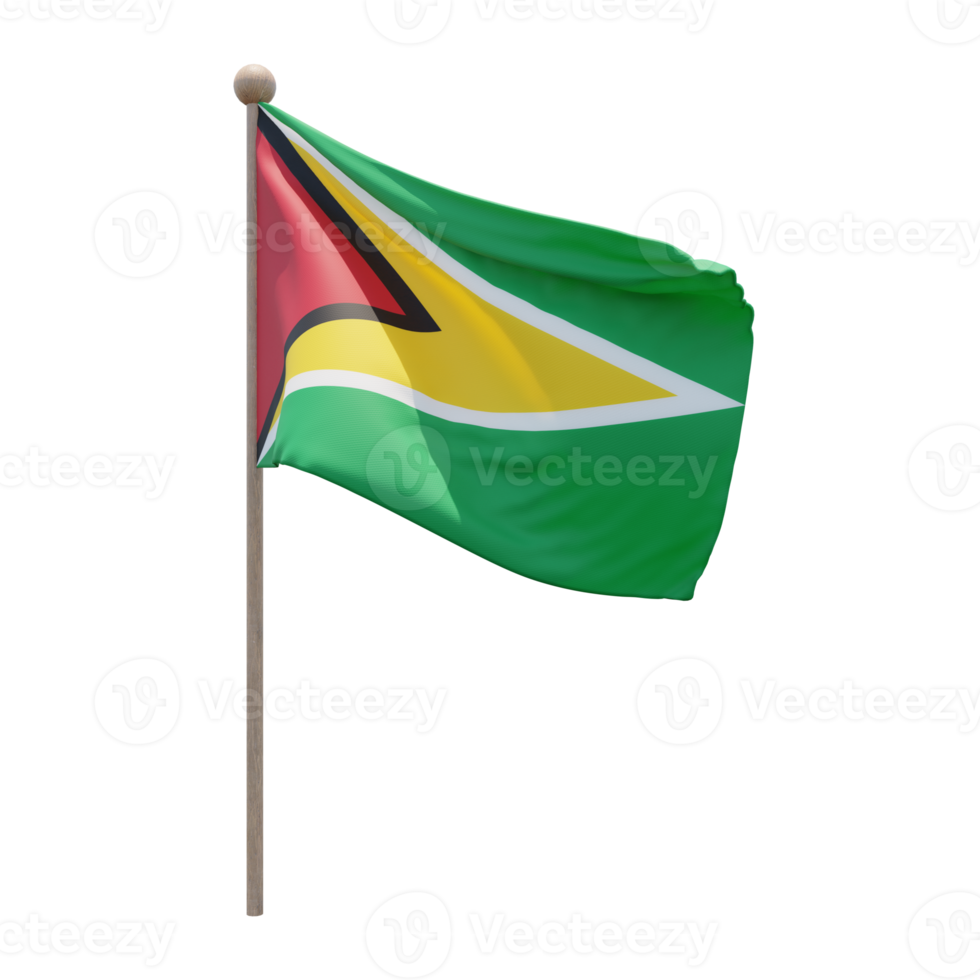 Guyana 3d illustration flag on pole. Wood flagpole png