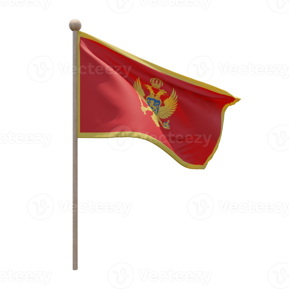 Montenegro 3d illustration flag on pole. Wood flagpole png