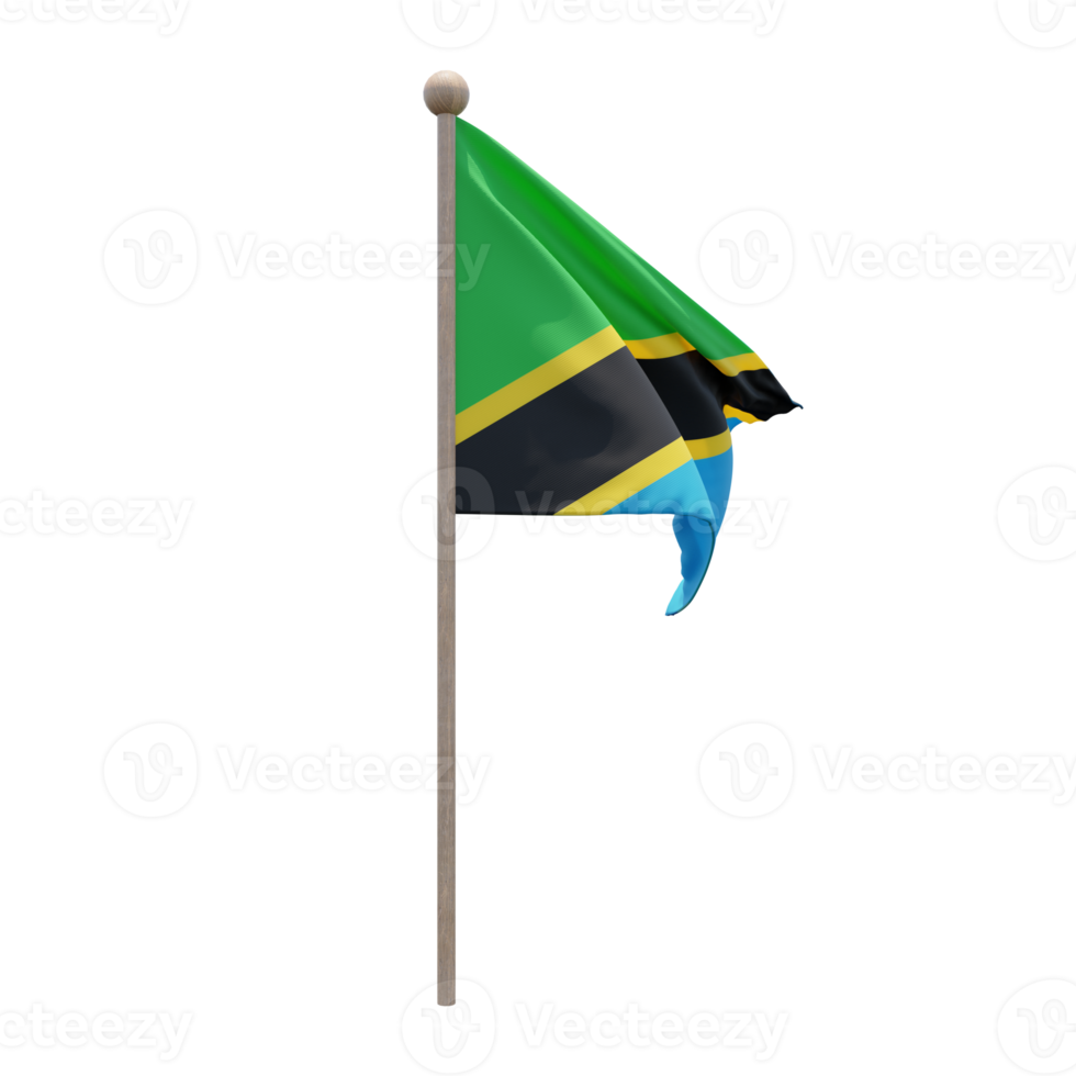 Tanzania 3d illustration flag on pole. Wood flagpole png