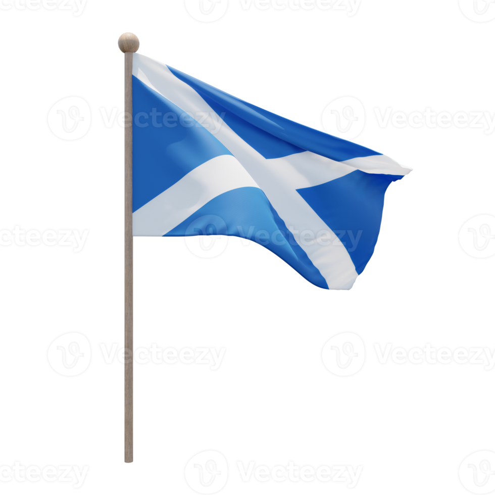 Scotland 3d illustration flag on pole. Wood flagpole png