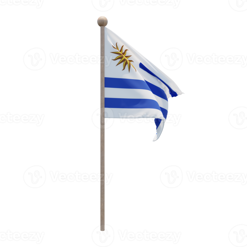 Uruguay 3d illustration flag on pole. Wood flagpole png