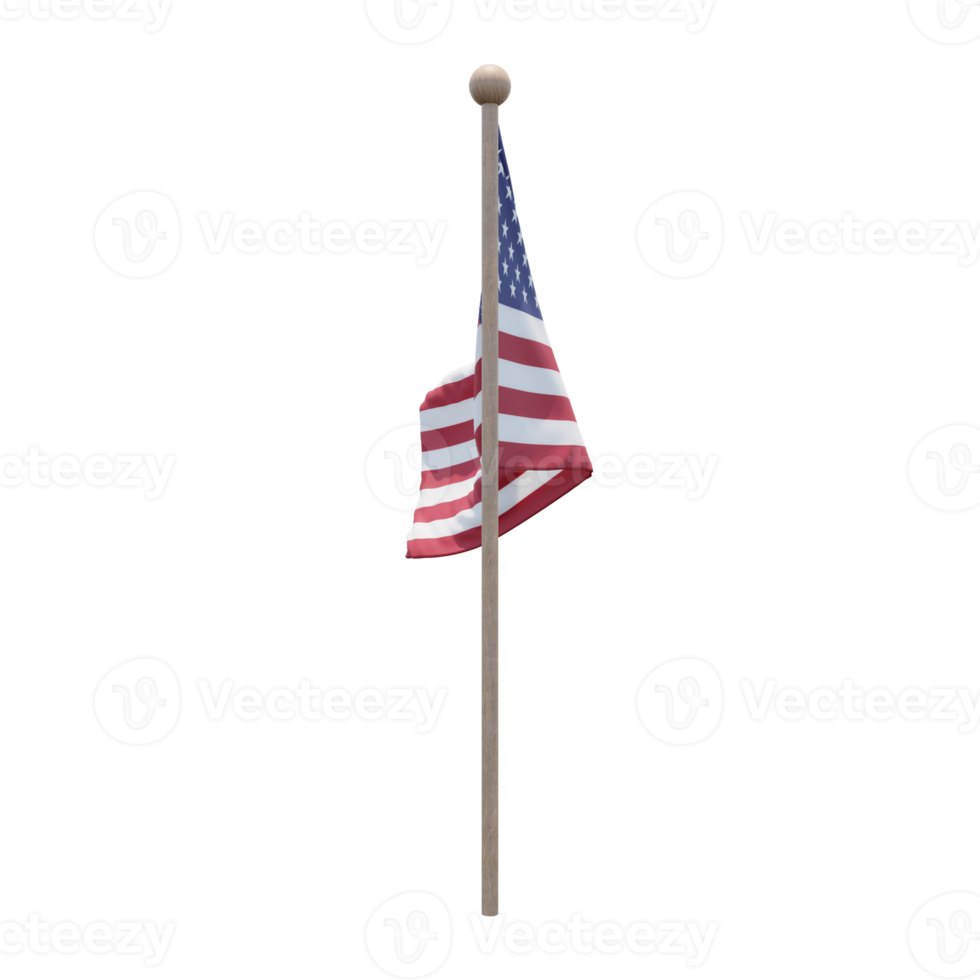 United States 3d illustration flag on pole. Wood flagpole png