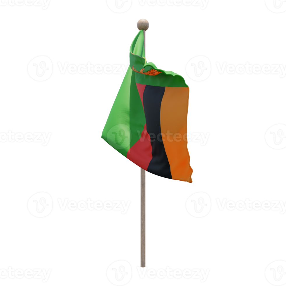 Zambia 3d illustration flag on pole. Wood flagpole png