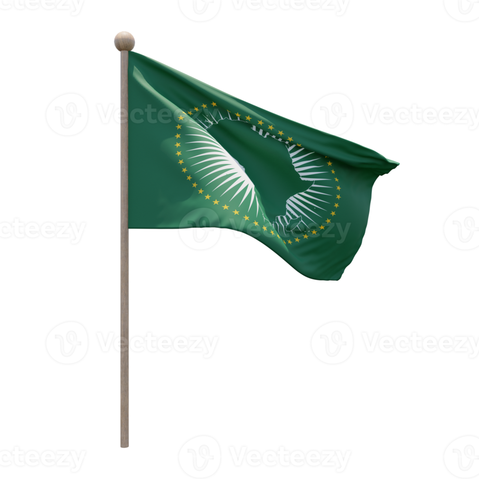 African Union 3d illustration flag on pole. Wood flagpole png