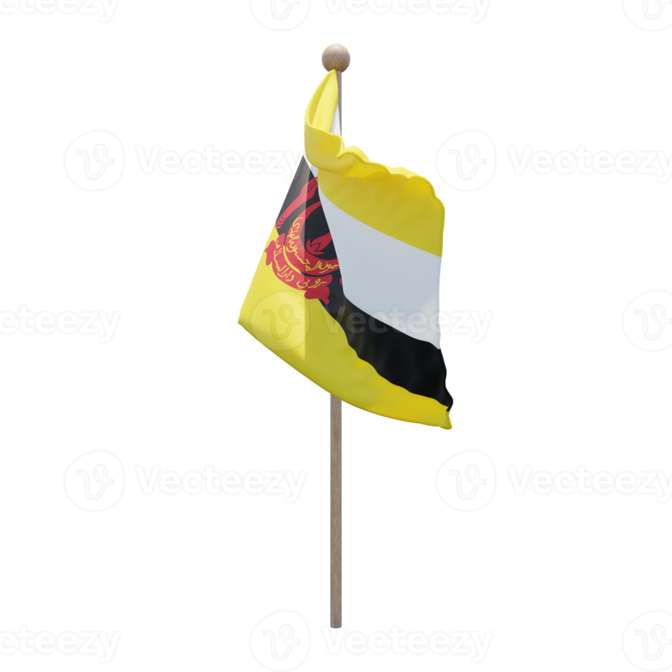 Brunei 3d illustration flag on pole. Wood flagpole png