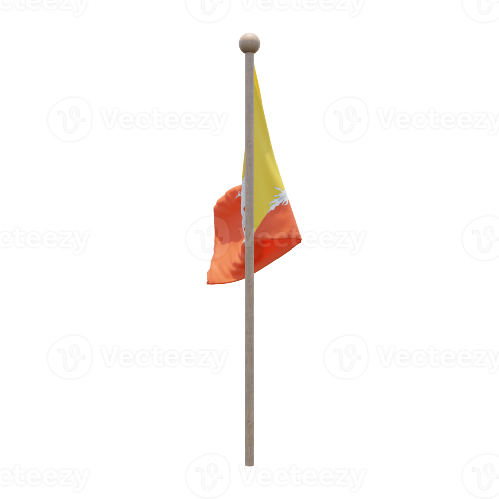 Bhutan 3d illustration flag on pole. Wood flagpole png