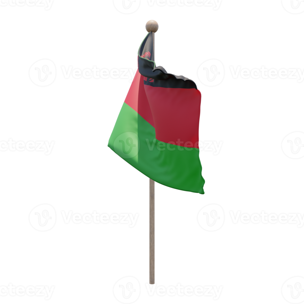 Malawi 3d illustration flag on pole. Wood flagpole png