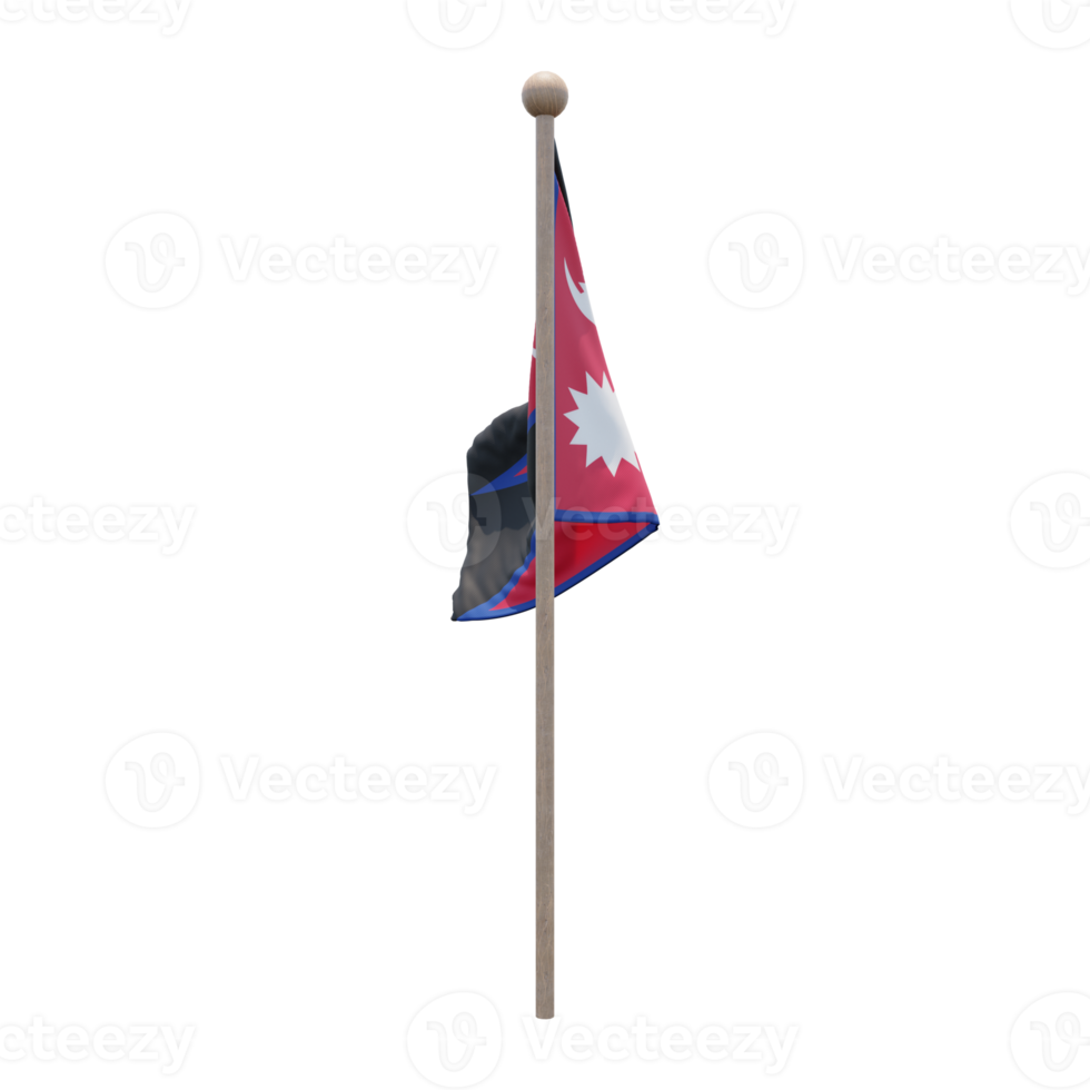 Nepal 3d illustration flag on pole. Wood flagpole png