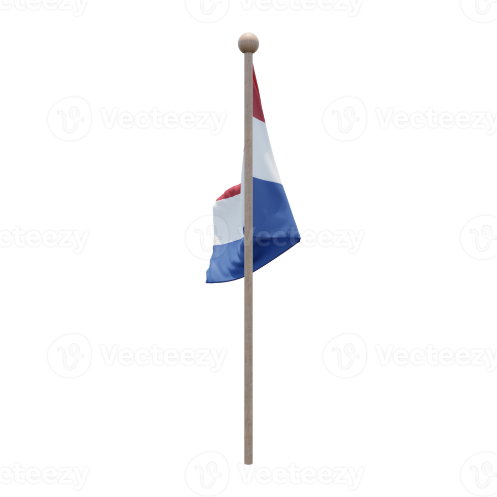 Netherlands 3d illustration flag on pole. Wood flagpole png