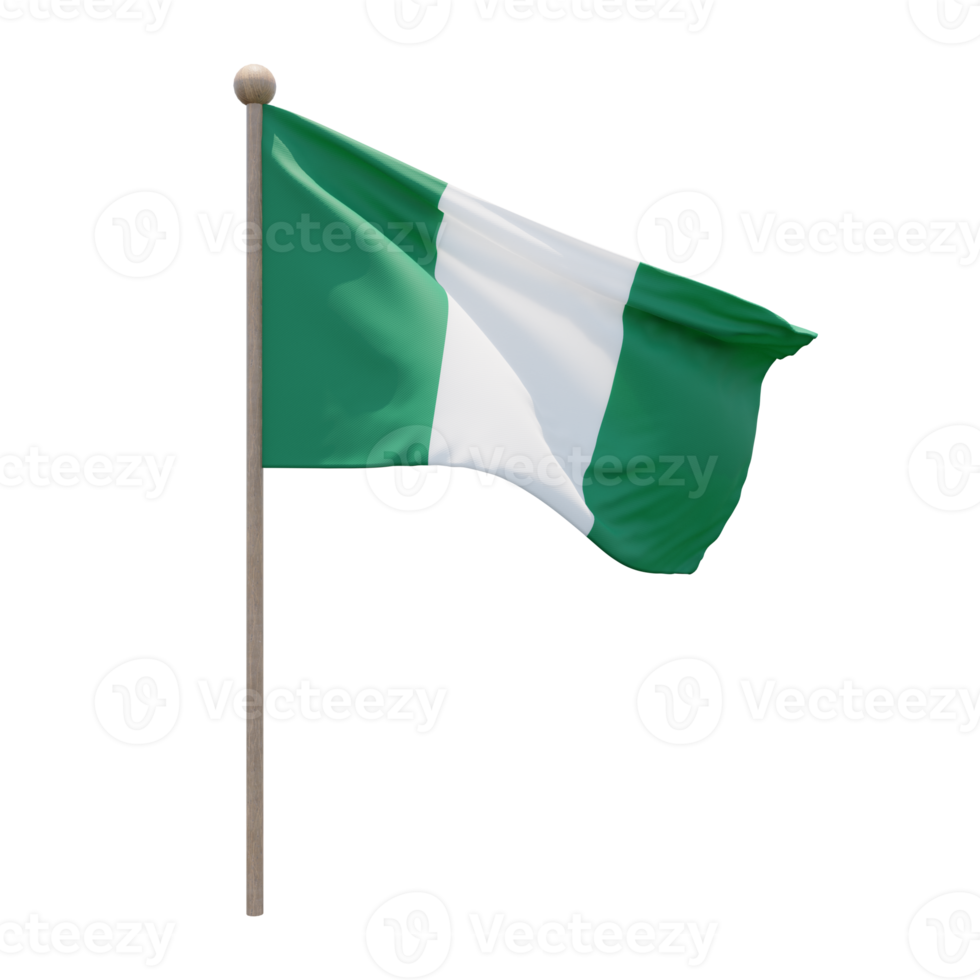 Nigeria 3d illustration flag on pole. Wood flagpole png