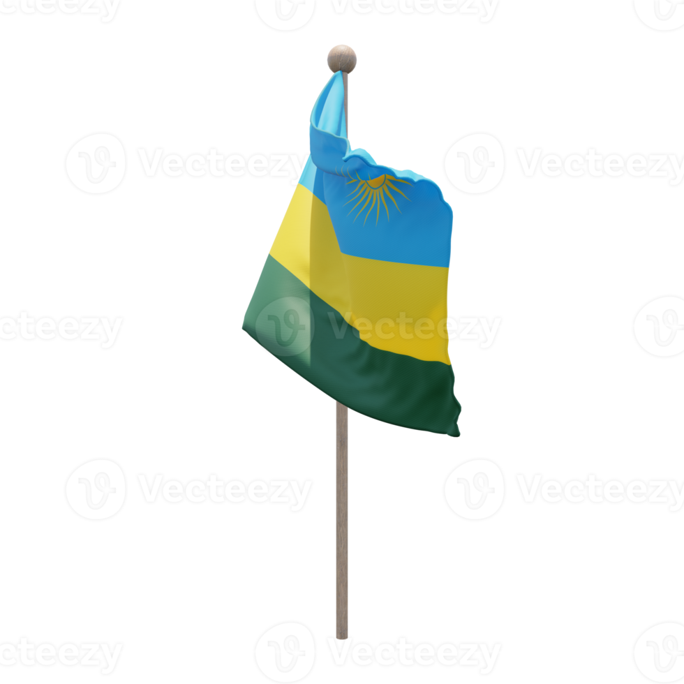 Rwanda 3d illustration flag on pole. Wood flagpole png