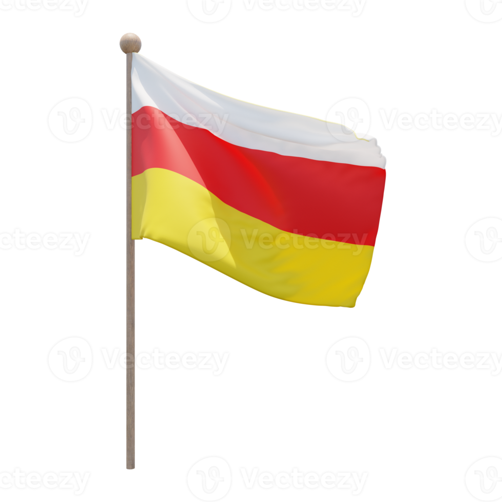 South Ossetia 3d illustration flag on pole. Wood flagpole png