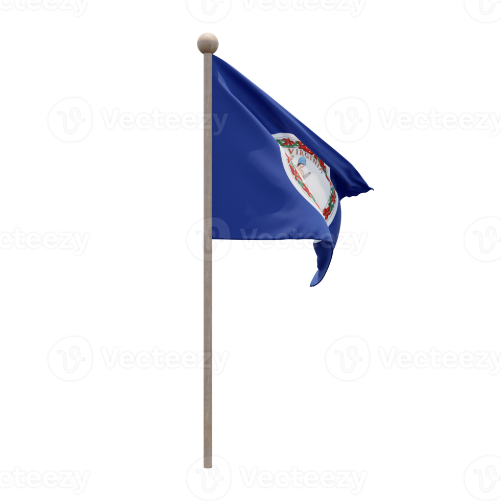 Virginia 3d illustration flag on pole. Wood flagpole png