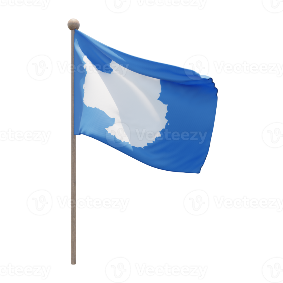 Antarctica 3d illustration flag on pole. Wood flagpole png