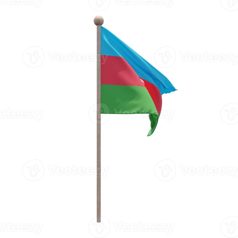 Azerbaijan 3d illustration flag on pole. Wood flagpole png