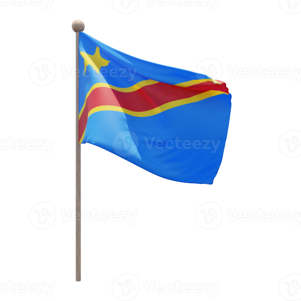 Democratic Republic of Congo 3d illustration flag on pole. Wood flagpole png