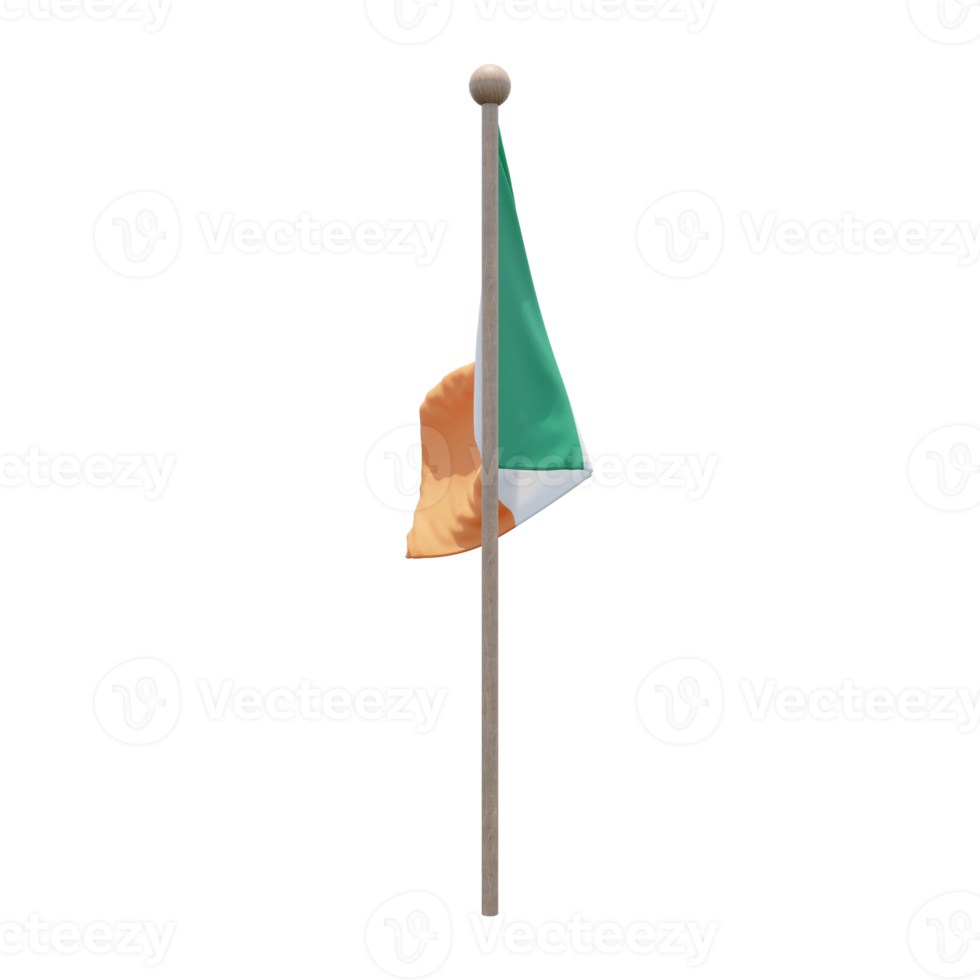 Irland 3D-Darstellung Flagge auf der Stange. Fahnenmast aus Holz png