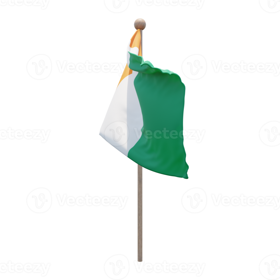 Ivory Coast 3d illustration flag on pole. Wood flagpole png