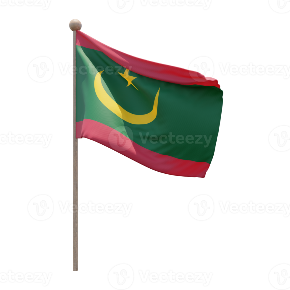 Mauritania 3d illustration flag on pole. Wood flagpole png