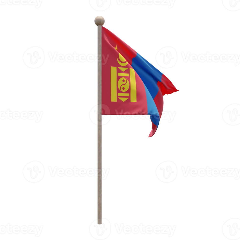 Mongolia 3d illustration flag on pole. Wood flagpole png