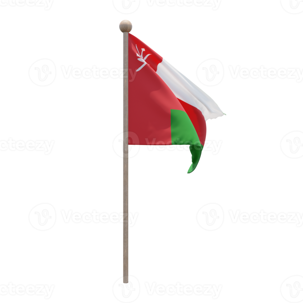 Oman 3d illustration flag on pole. Wood flagpole png