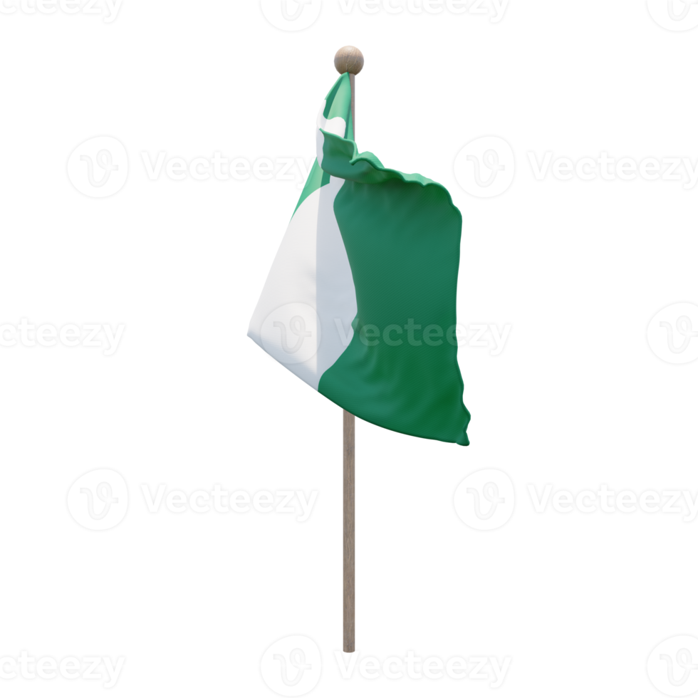 Nigeria 3d illustration flag on pole. Wood flagpole png