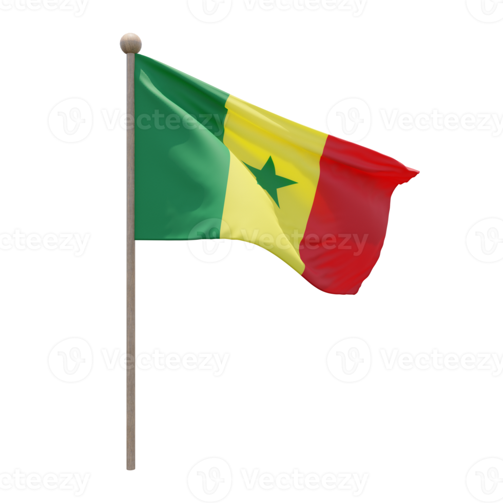 Senegal 3d illustration flag on pole. Wood flagpole png