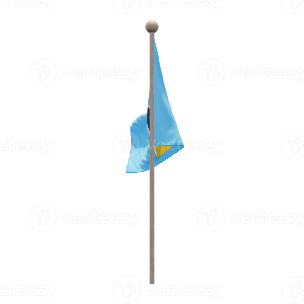 St. Lucia 3D-Darstellung Flagge auf der Stange. Fahnenmast aus Holz png