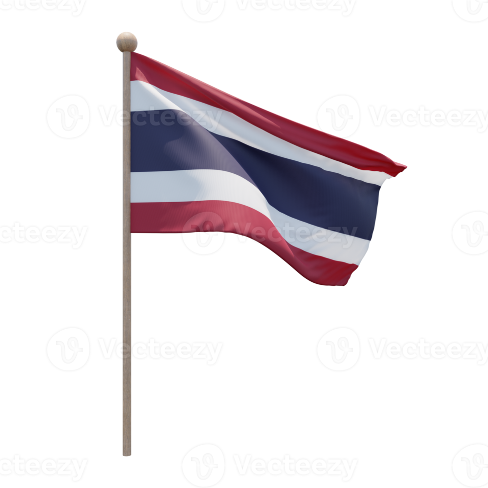 Thailand 3d illustration flag on pole. Wood flagpole png