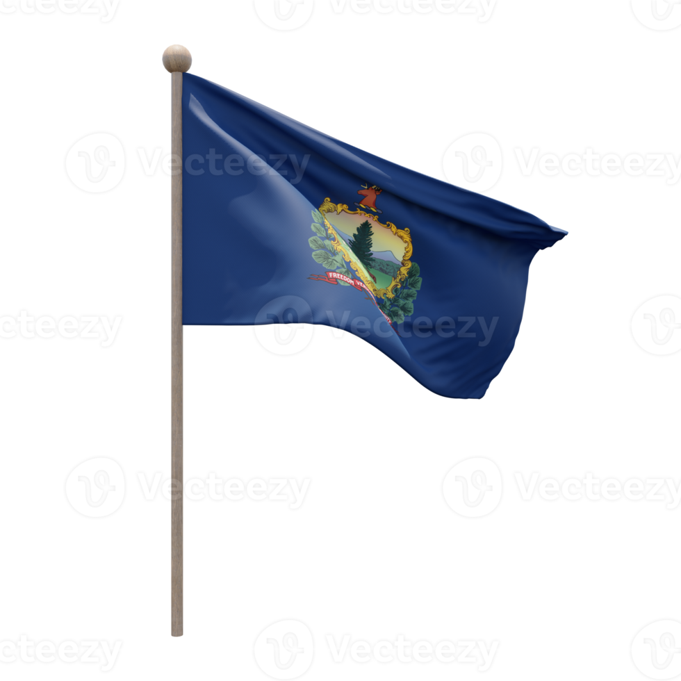 Vermont 3D-Darstellung Flagge auf der Stange. Fahnenmast aus Holz png