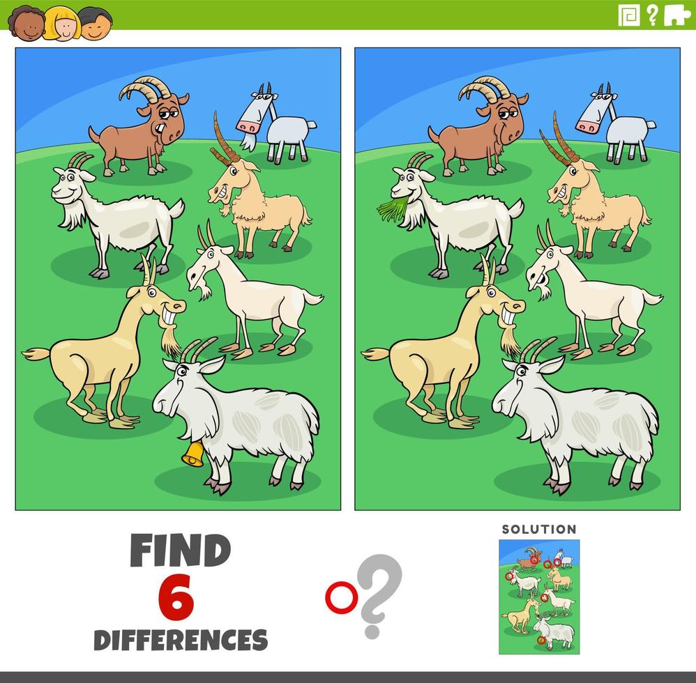 differences game with cartoon goats farm animal characters vector
