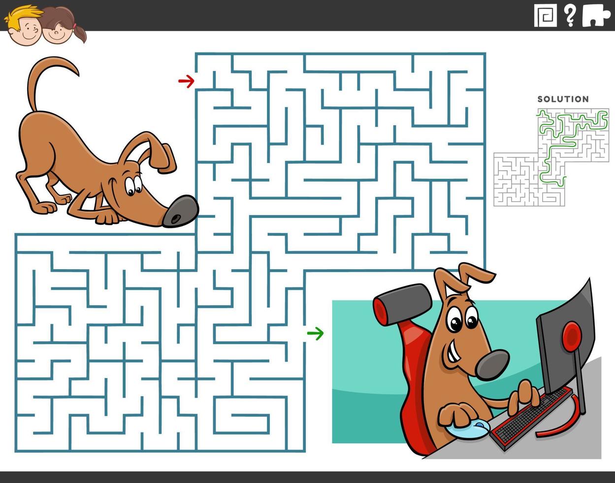 maze with cartoon dog playing computer games vector