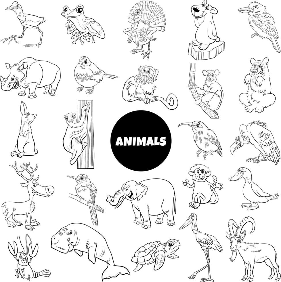 conjunto de caracteres de especies de animales salvajes de dibujos animados en blanco y negro vector