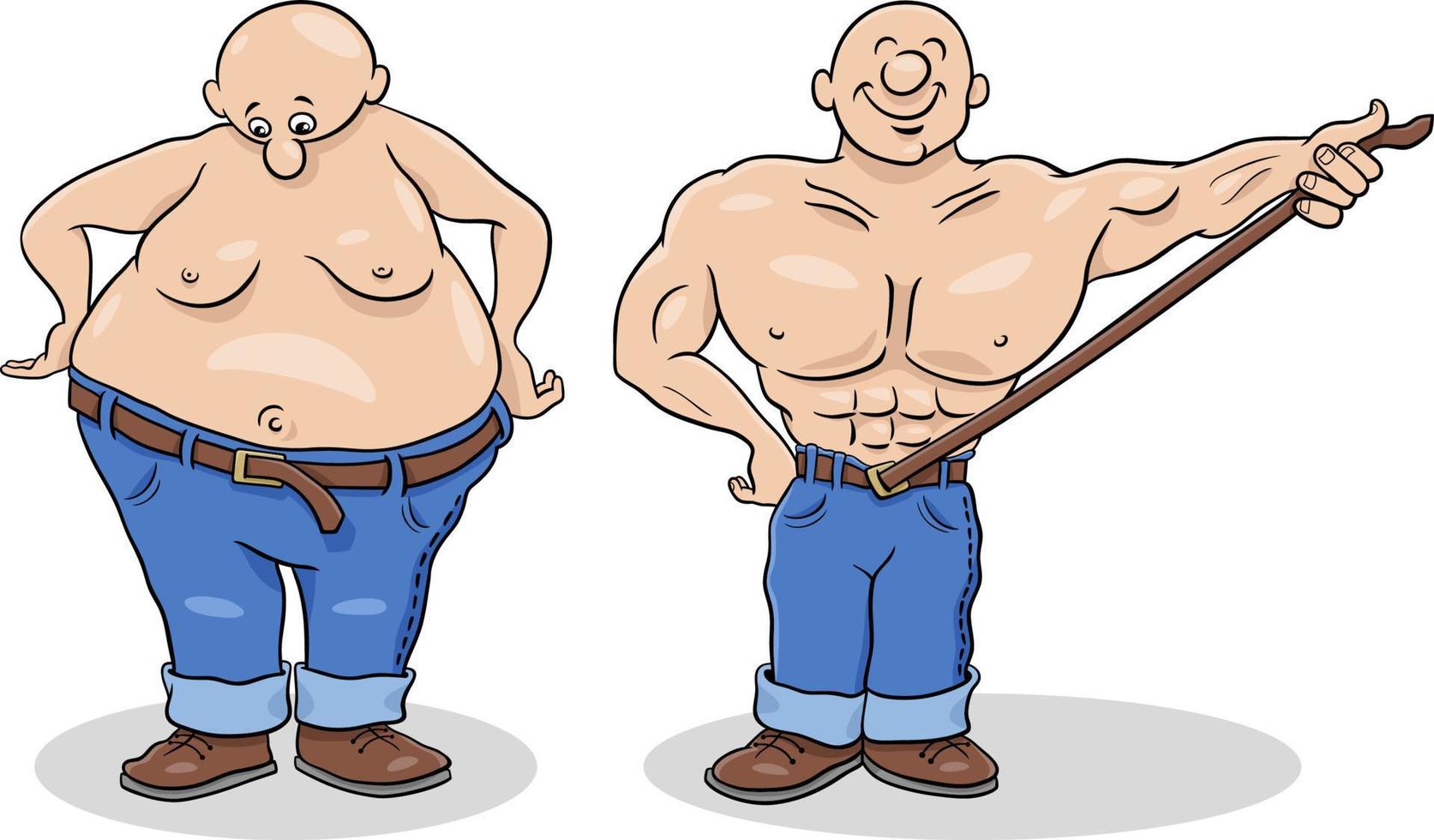 happy cartoon man loosing weight humorous illustration vector