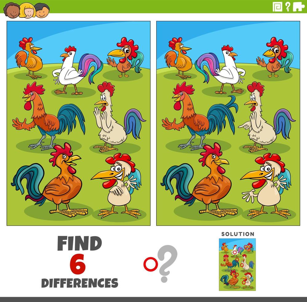differences game with cartoon roosters farm animal characters vector