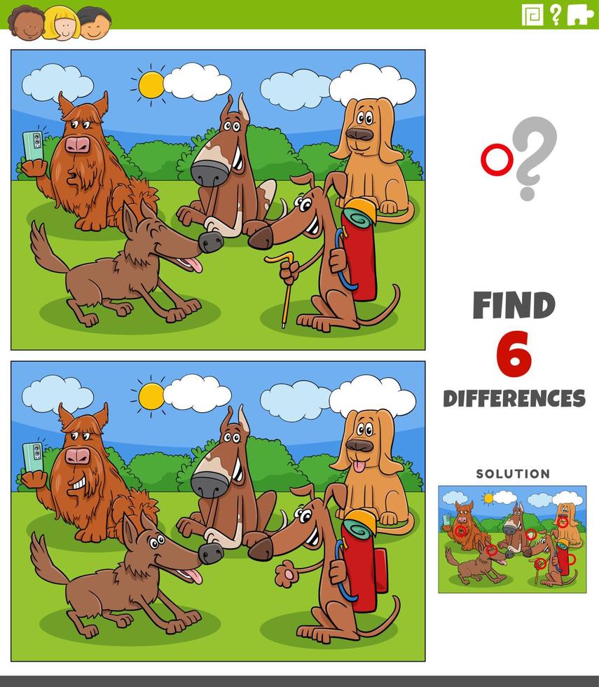 differences game with cartoon dogs animal characters vector