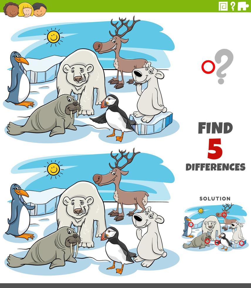 differences game with cartoon polar animal characters vector