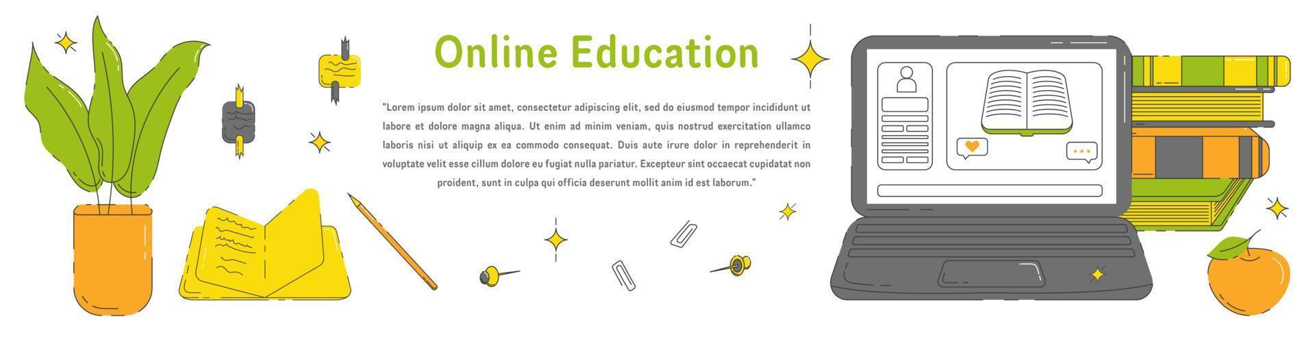 Online Education Vector Banner With Laptop, Books, Note Pad, Home Plant, Apple and Other Objects. Perfect for Websites, Social Media, Printed Materials, etc.