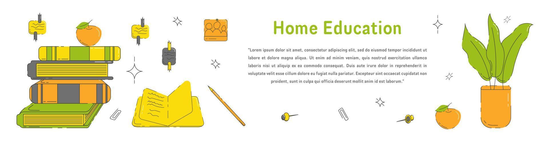 Home Education Banner With Books, Note Pad, Home Plant, Apple and Other Objects. Perfect for Websites, Social Media, Printed Materials, etc. vector