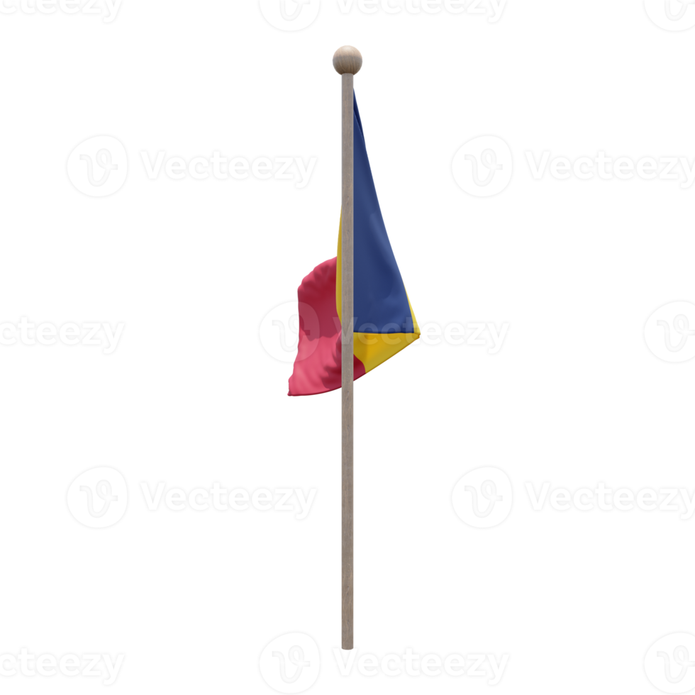 Chad 3d illustration flag on pole. Wood flagpole png