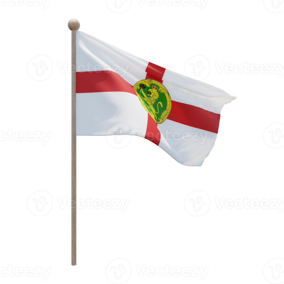 Alderney 3d illustration flag on pole. Wood flagpole png