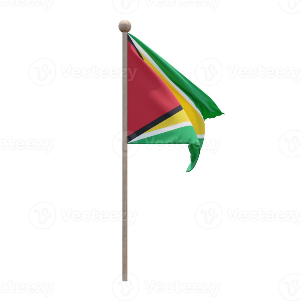 Guyana 3d illustration flag on pole. Wood flagpole png