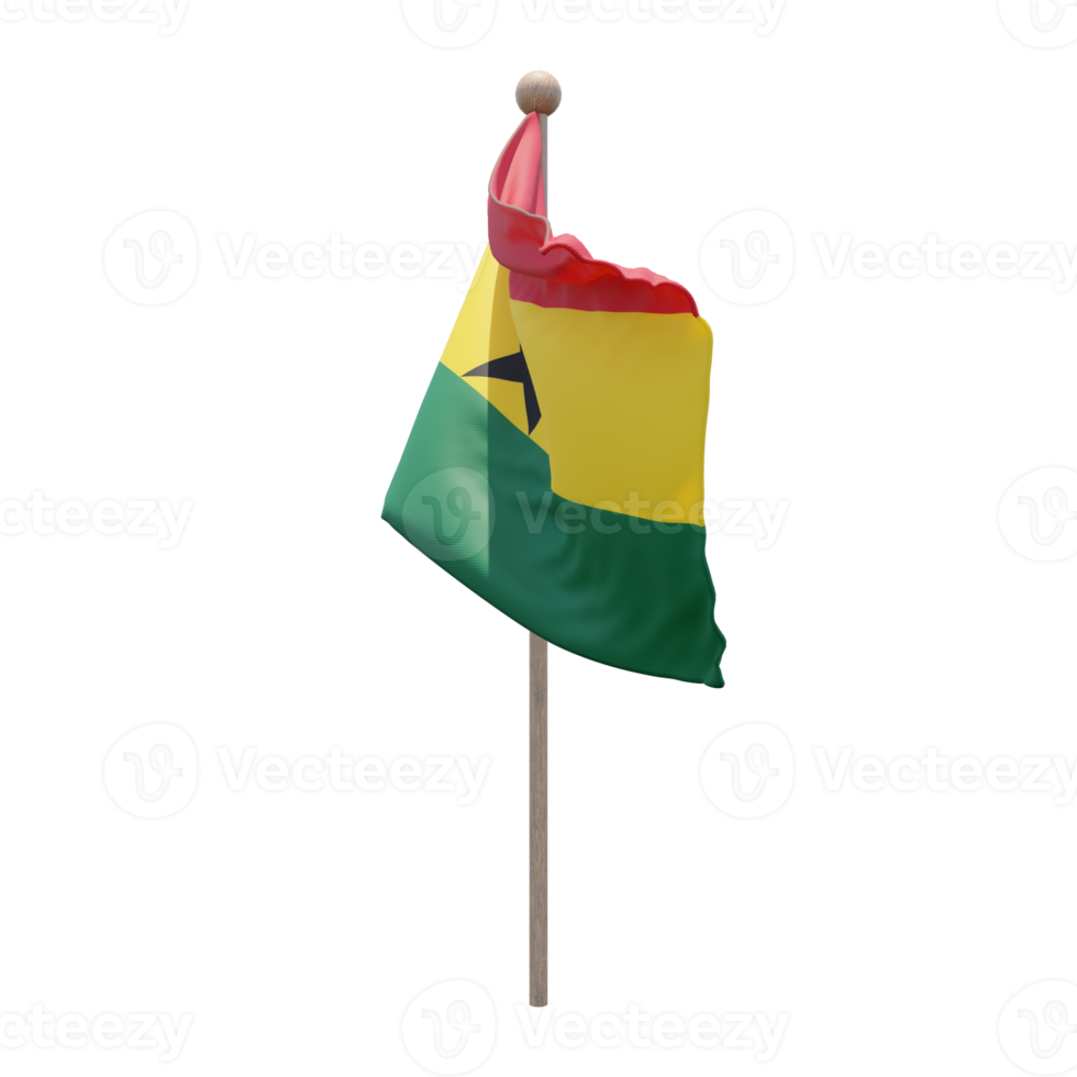 Ghana 3d illustration flag on pole. Wood flagpole png