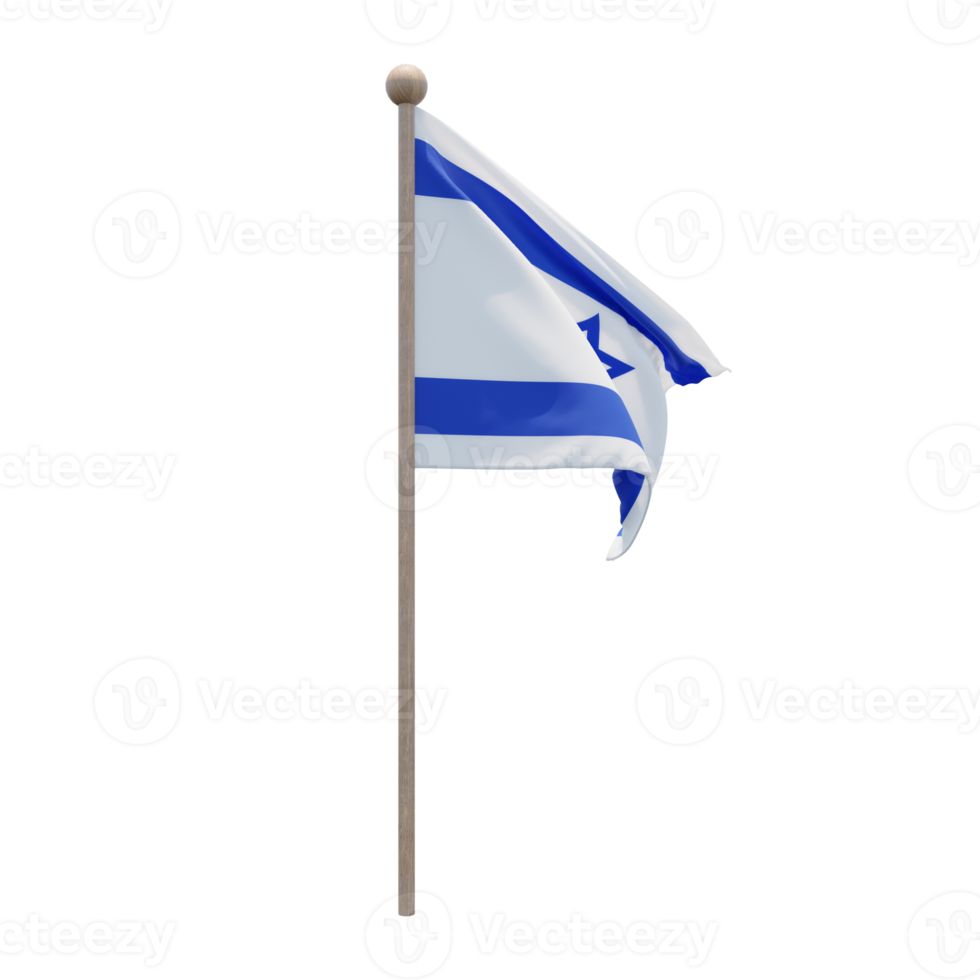 Israel 3d illustration flag on pole. Wood flagpole png