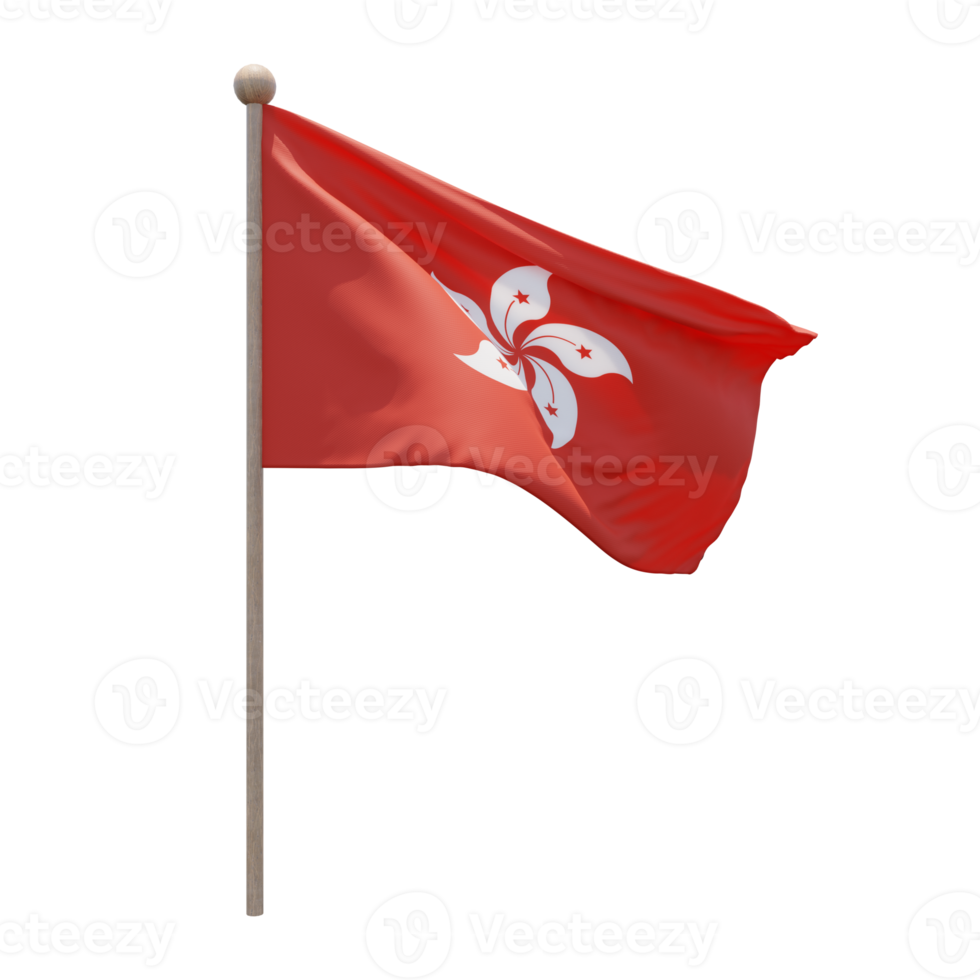 Hong Kong 3d illustration flag on pole. Wood flagpole png